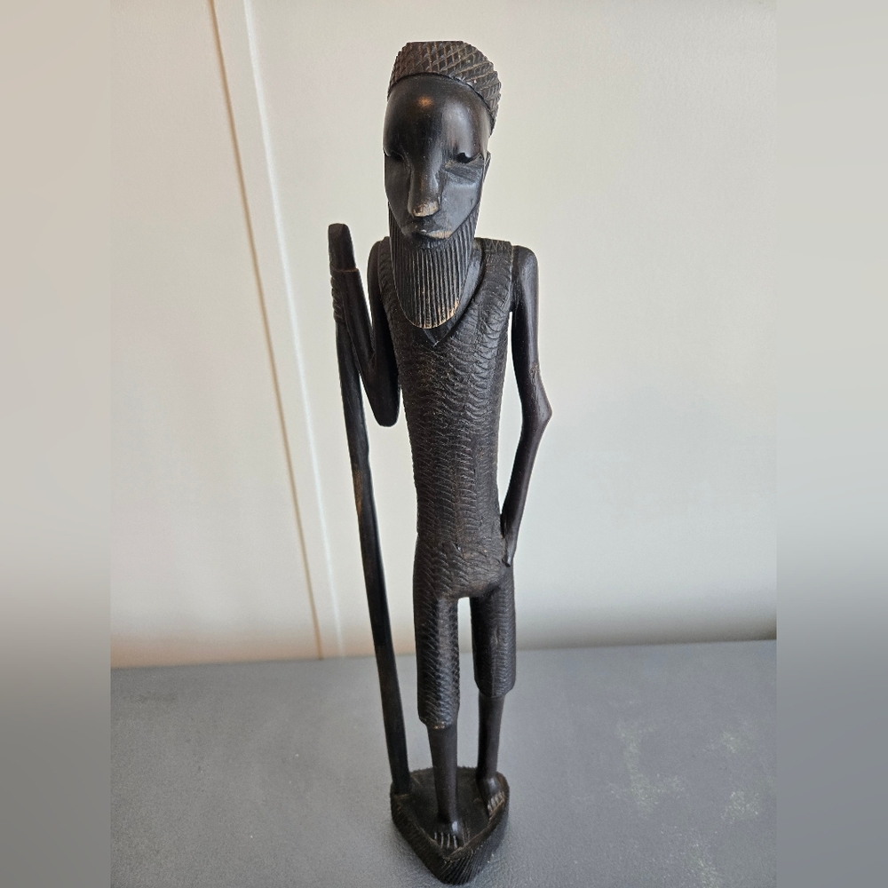 Vintage African Ebony Wood Tribal Maasai Man With Staff